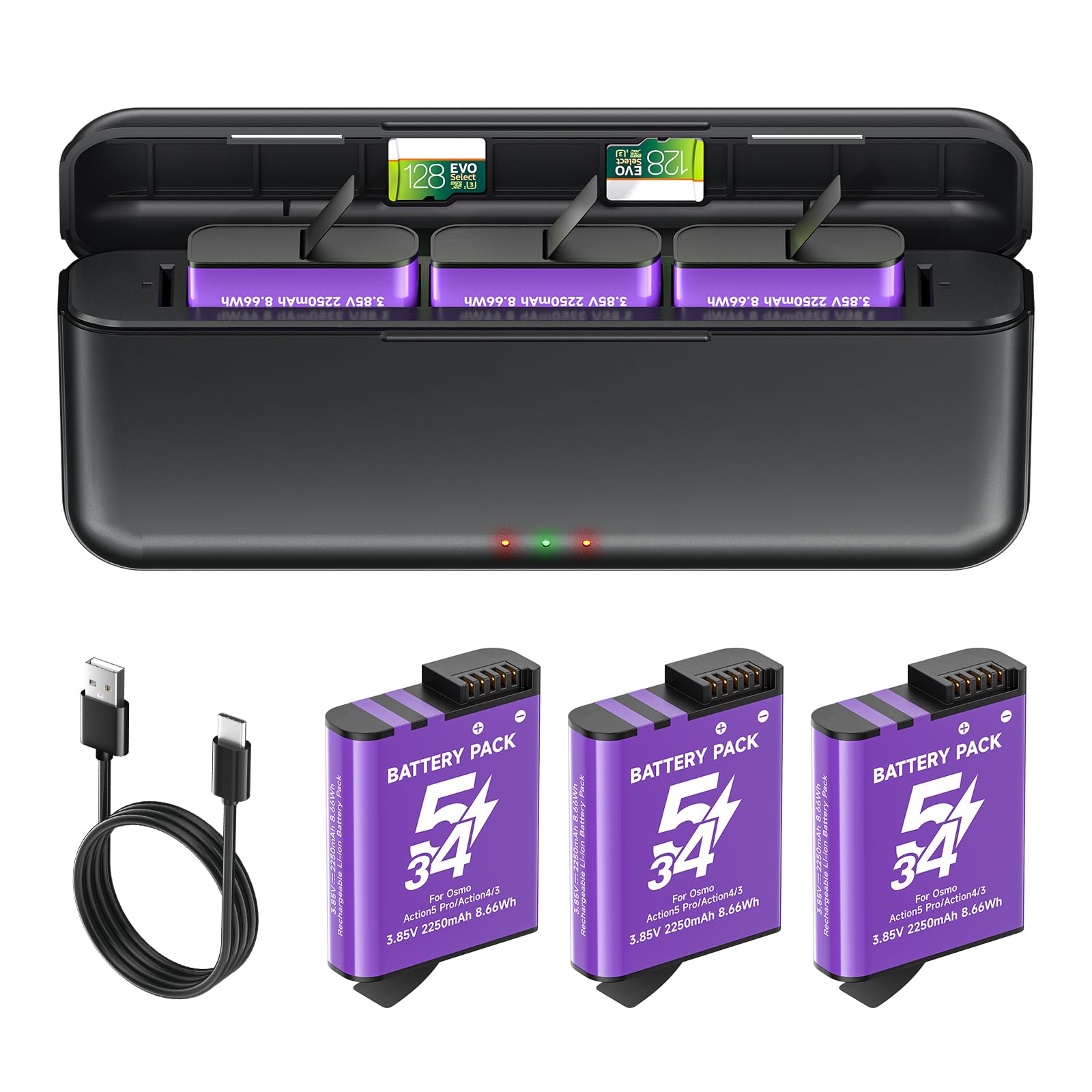 2250mAh Osmo Action 5 Pro Batteria Con Caricabatterie Per DJI Osmo 360/Action 6/Action 5 Pro/Action 4/Action 3, 3-channel Caricabatterie e custodia di ricarica rapida USB con cavo di tipo C