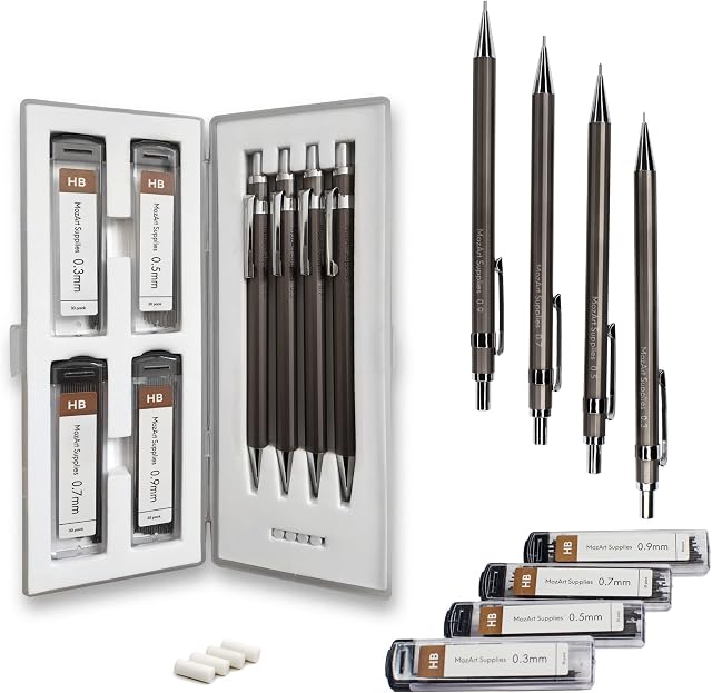 MozArt Mechanical Pencil Set with Case - 4 Sizes: 0.3, 0.5, 0.7 & 0.9mm with 30 HB Lead Refills Each & 4 Eraser Refills - Sketching, Architecture, Drawing Mechanical Pencils, Metal Mechanical Pencil