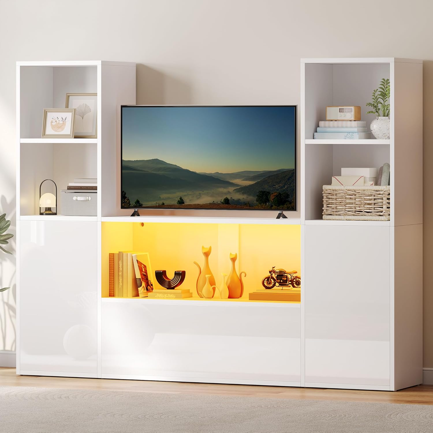 DWVO Castle TV Stand with LED Light, U-Shaped White Bookshelf with Storage Cabinet, UV High-Gloss TV Stand Display Unit, Cube Organizer for Living Room, Home Office