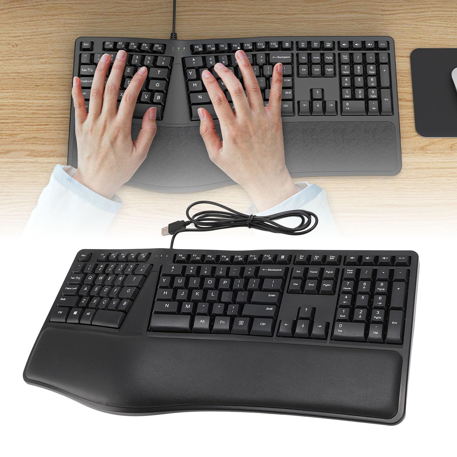 Tastiera Ergonomica USB Cablata con Design Diviso e Poggiapolsi Digitazione Confortevole, Tastiera a 110 Tasti per un Lavoro Efficiente a Casa o in Ufficio