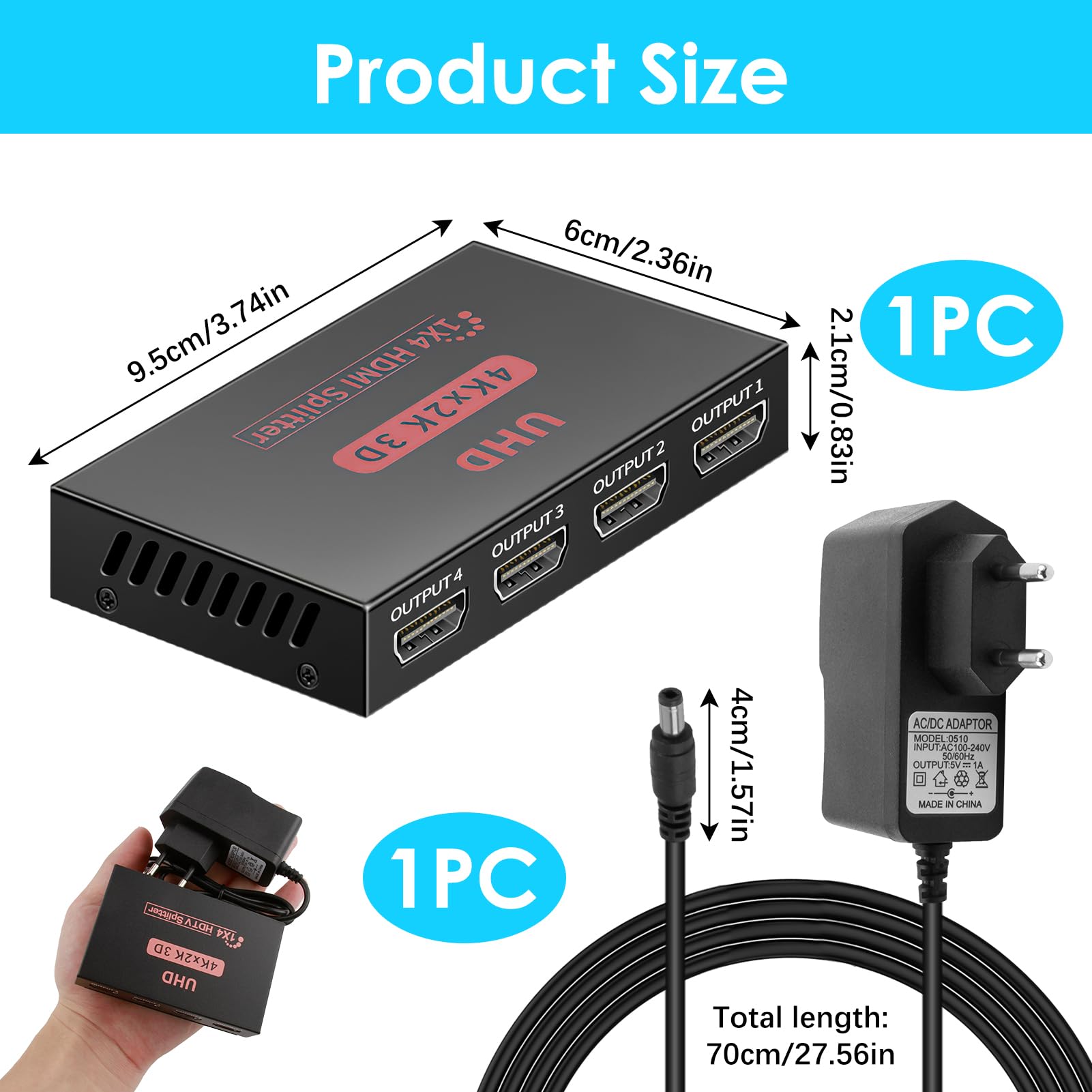 Splitter HDMI 1 A 4 - Sdoppiatore Per 4 Monitor 4K@30Hz, Supporta 3D E HDCP - Foto 5