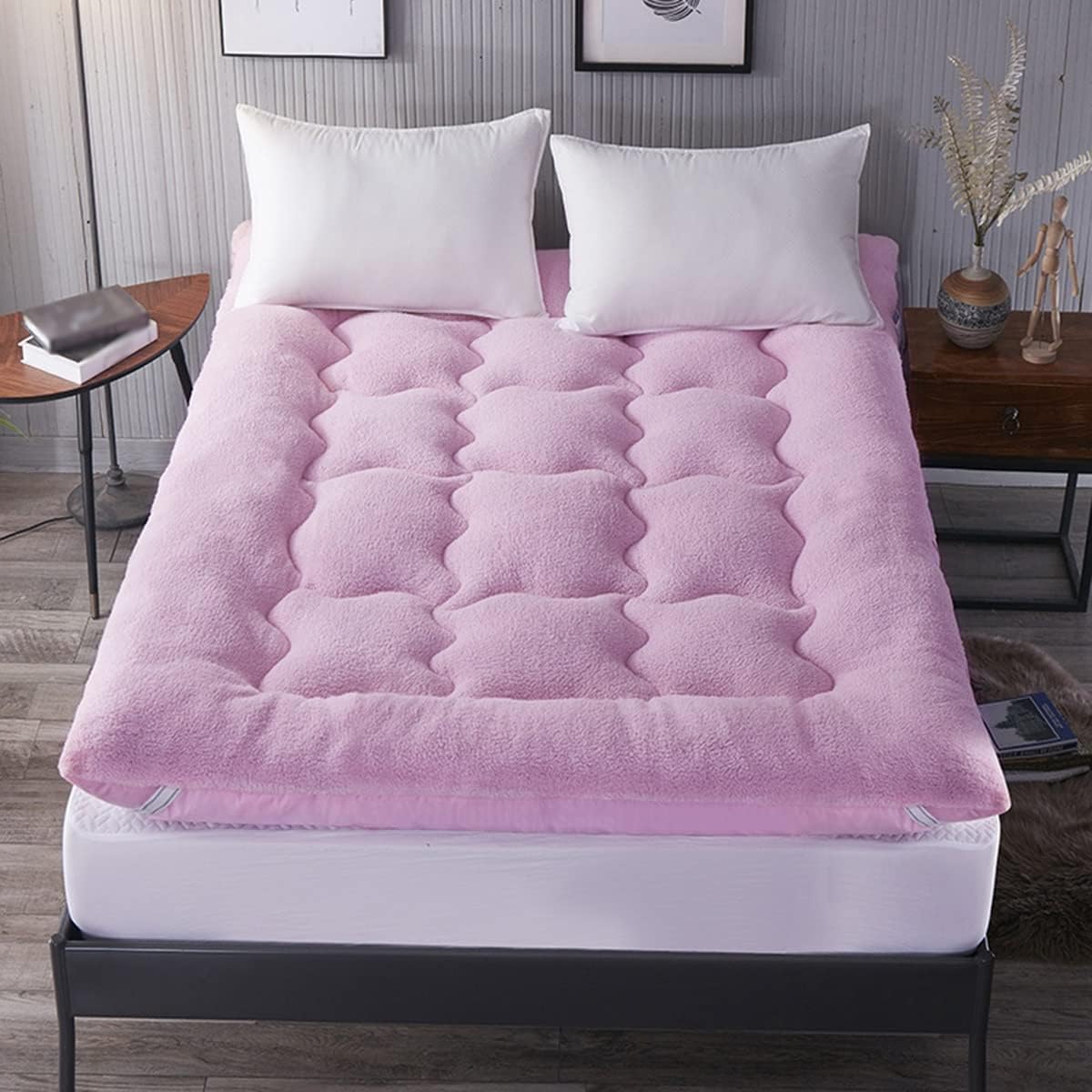 Extra Thick Mattress Pad Fluffy Mattress Topper Quilted Fitted Mattress Cover Plush Down Alternative Pillow Top Fitted Skirt Protector Breathable Futon Mattress(Pink,100cmx200cm)