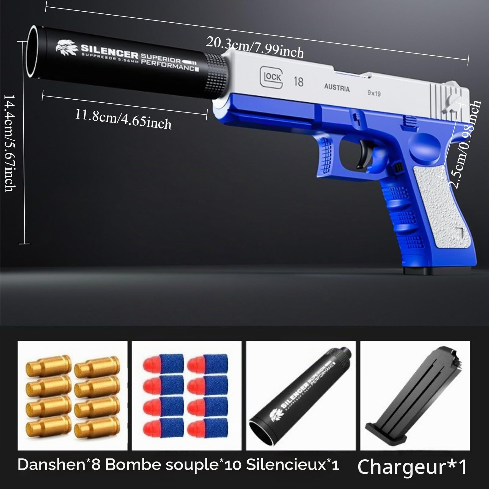 Ensemble Pistolet Jouet, Arme Jouet, Lanceur de balles Molles, avec Chargeur et balles Molles, pour entraînement sécurisé ou Jeu, Cadeau d'anniversaire Mixte (Blue and White)