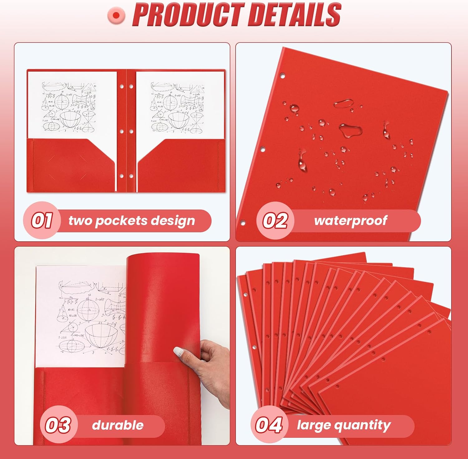 Yeaqee 72 Pcs Plastic Folders with Pockets Bulk 3 Hole Punched 2 Pocket File Folders for 3 Ring Binder Divider Folder for Notebooks, Durable Poly for Office Home (Red)