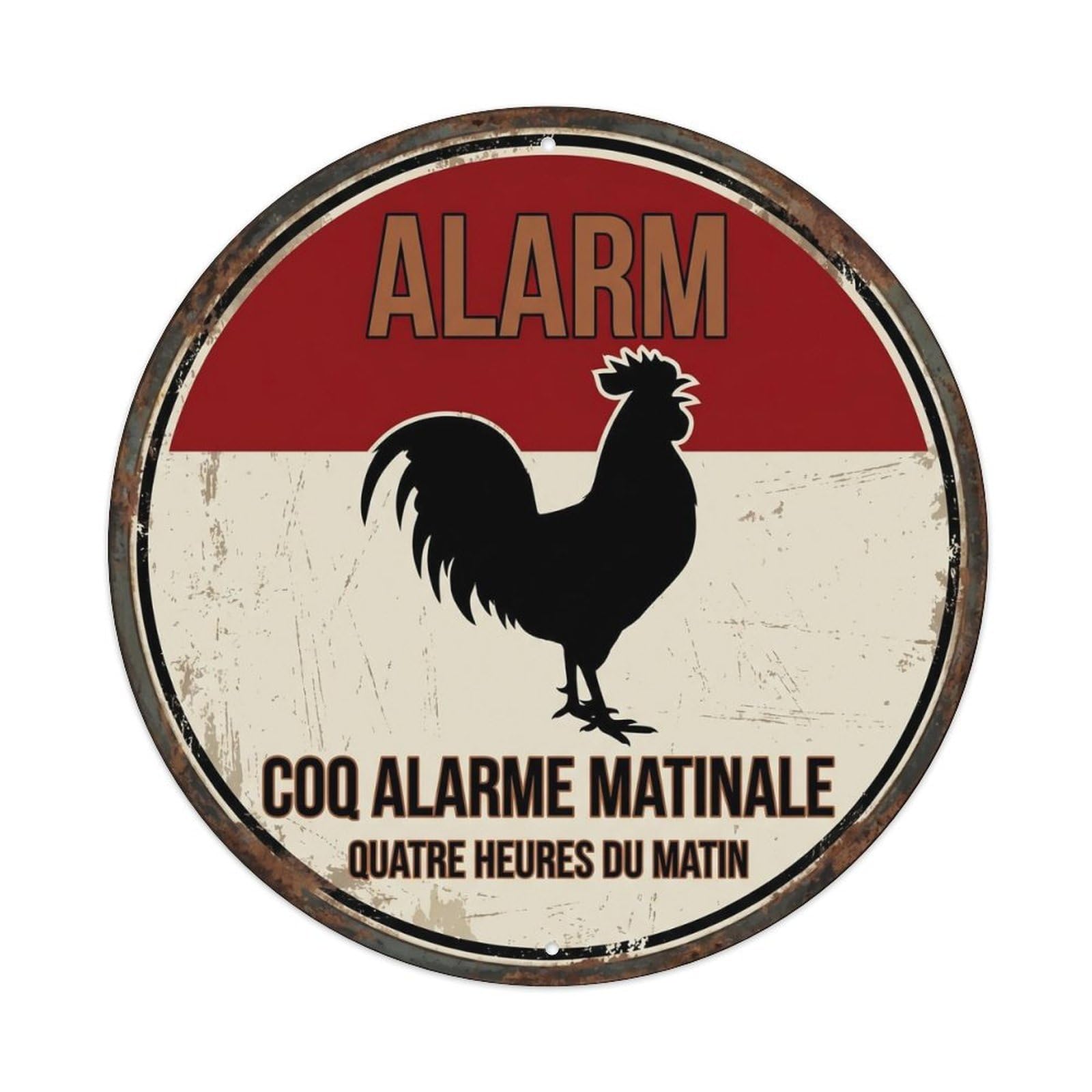 Retro Rooster Morning Alarm Vintage Metal Tin Sign Plaque Wall Decor for Cafe, Club, Garden Round Metal Poster 8x8Inch