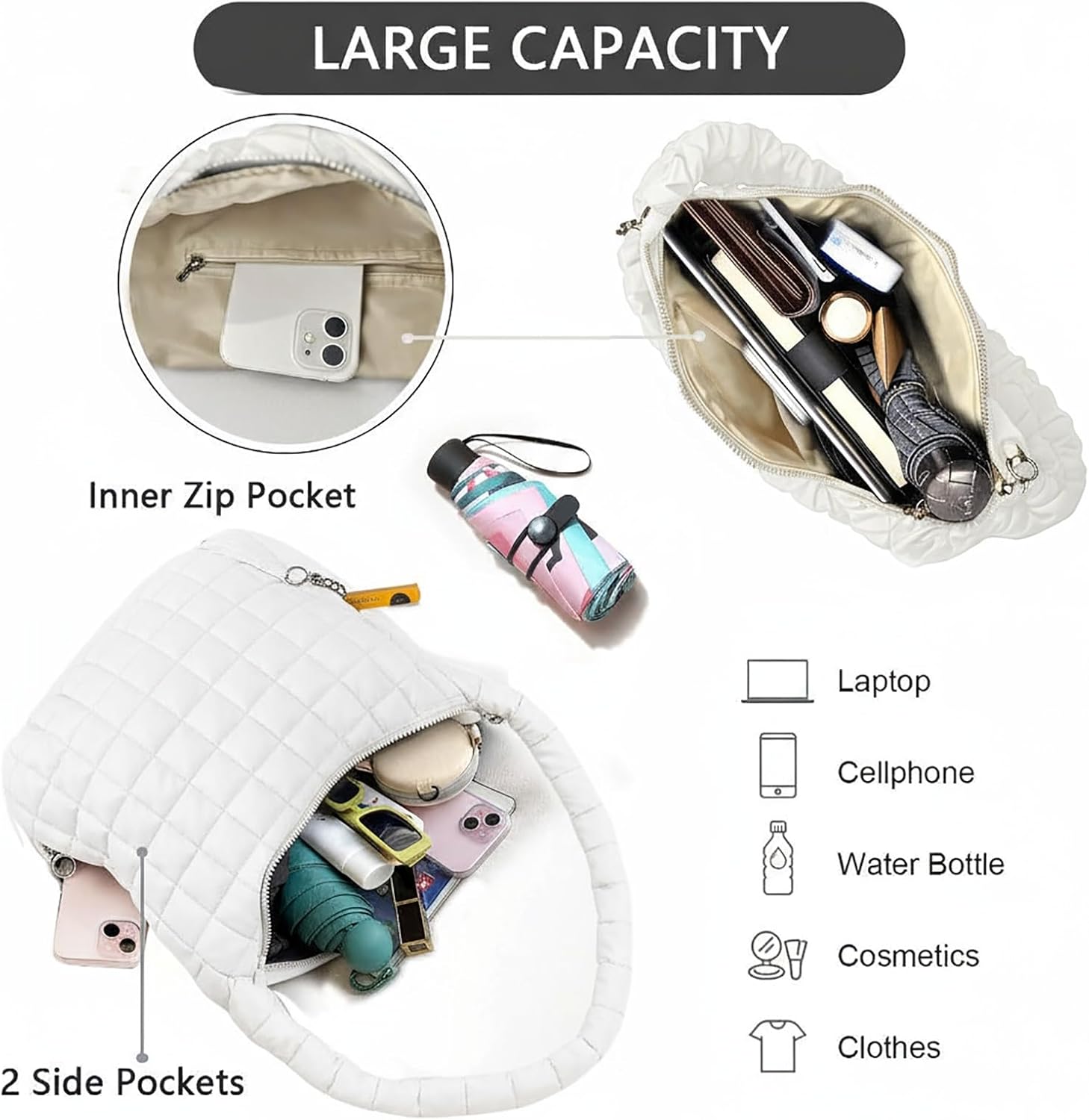 Quilted Puffer Tote Bag for Women, Lightweight Nylon Crossbody Bag Soft Carryall Hobo Puffy Large Shoulder Handbag for Girl - Image 4