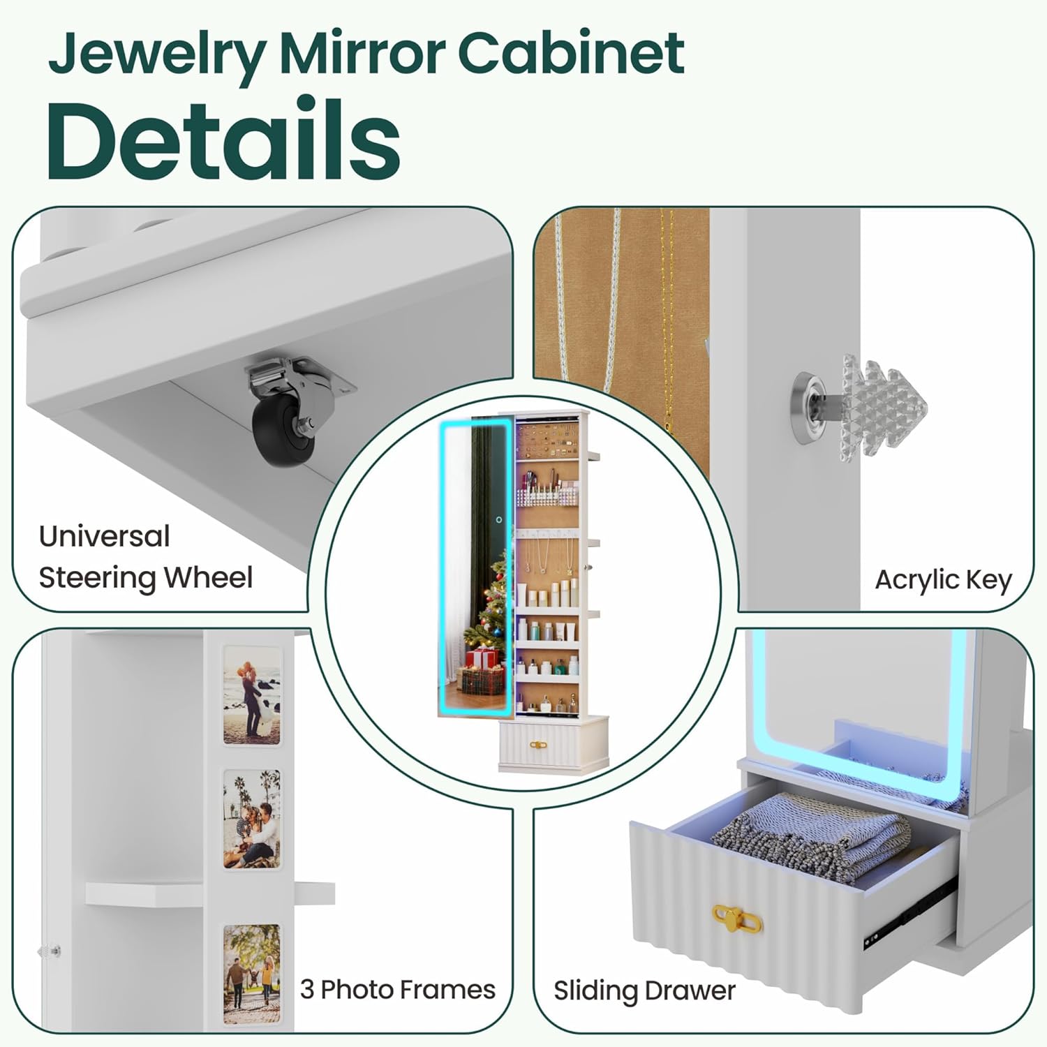 HNEBC LED Jewelry Cabinet Standing, Full Length Mirror with Storage/3 Color Adjustable LIghts, Jewelry Armoire has 3 Photo Frames/4 Shelfs/1 Drawer,Space-Saving Organizer,Christmas Gifts for Women - Image 5