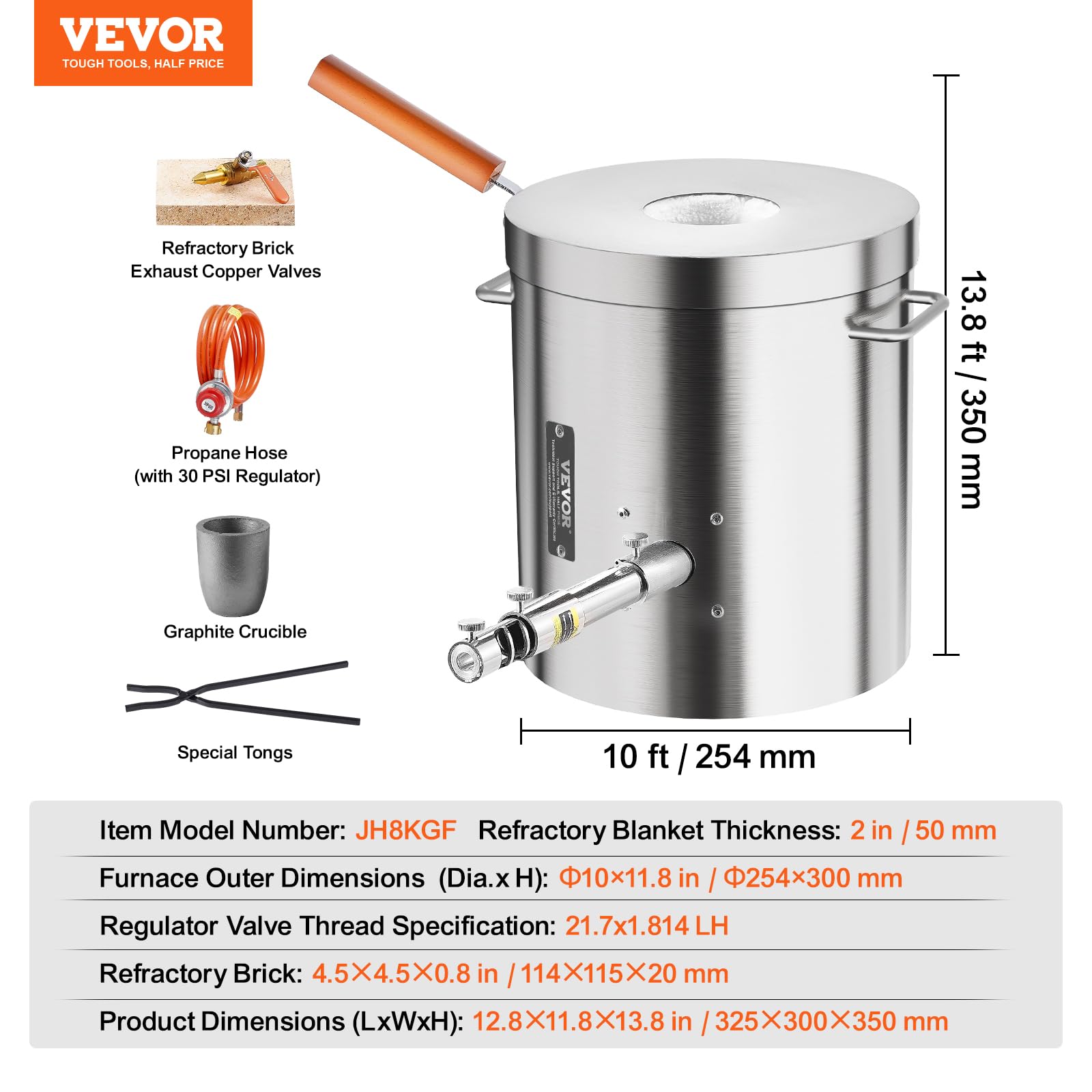 VEVOR Four de Fusion à Gaz 8 kg, Four à Propane Fonderie avec Creuset, Pince et Manche en Bois, Kit de Four de Fusion de Métal, pour Fondre Or Aluminium Argent Cuivre Recyclage des Ferrailles
