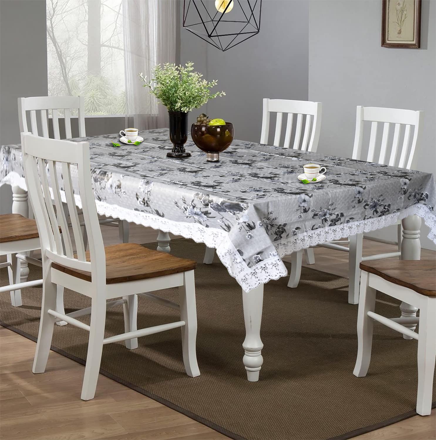 Kuber Industries Flower Printed PVC 6 Seater Dinning Table Cover, Protector with White Lace Border, 60"x90" (Grey)