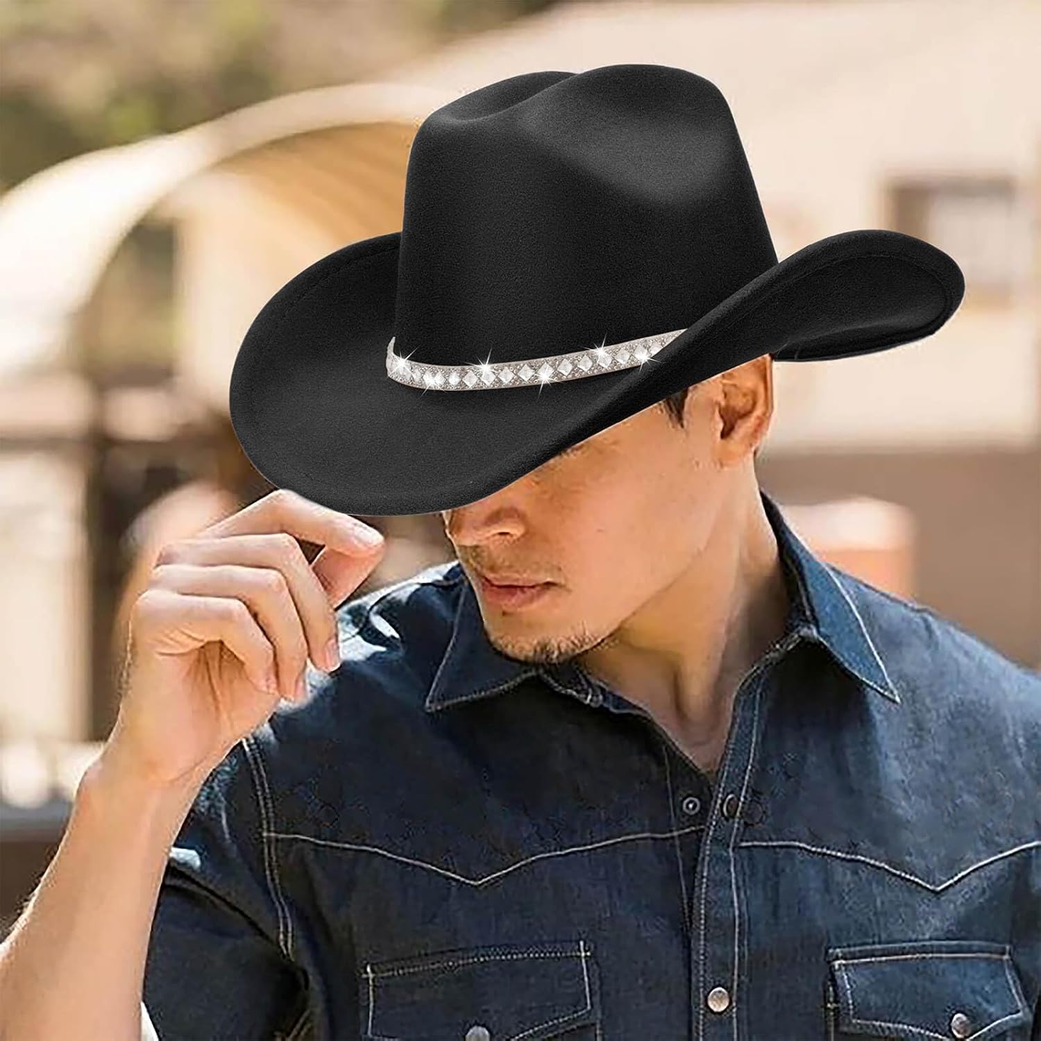 DRESHOW Western Cowboy Hat for Women and Men Wide Brim Glitter Cowboy Cowgirl Hat with Rhinestone Felt Fedora Hats - Image 3