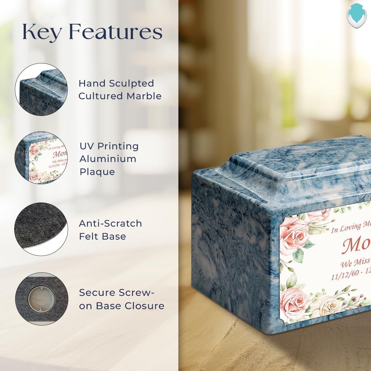 GetUrns Cultured Marble Urn Vault by Mackenzie with Personalized Flowers and Text for Human Ashes I Sky Blue Adult Urns for Male and Female I 210lbs
