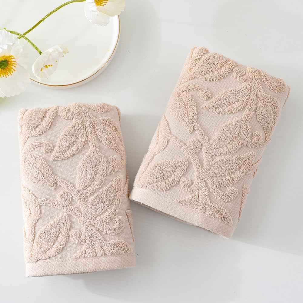 YiLUOMO Khaki Embossed Floral Pattern Hand Towel Set of 2 100% Cotton Super Soft Highly Absorbent Decorative Hand Towels for Bathroom Home 13x 29 Inch