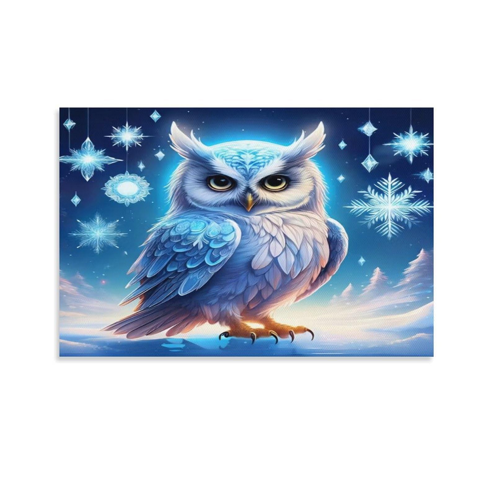 CPLVKWRQJ Snowy Owl Perched on Branch Under Full Moon 1 Piece Arctic Owl Surrounded by Hanging Snowflakes Canvas Art Decor - Bedroom Nursery Wall Hanging Space Saving Ready to Hang 24x36inch(60x90cm)