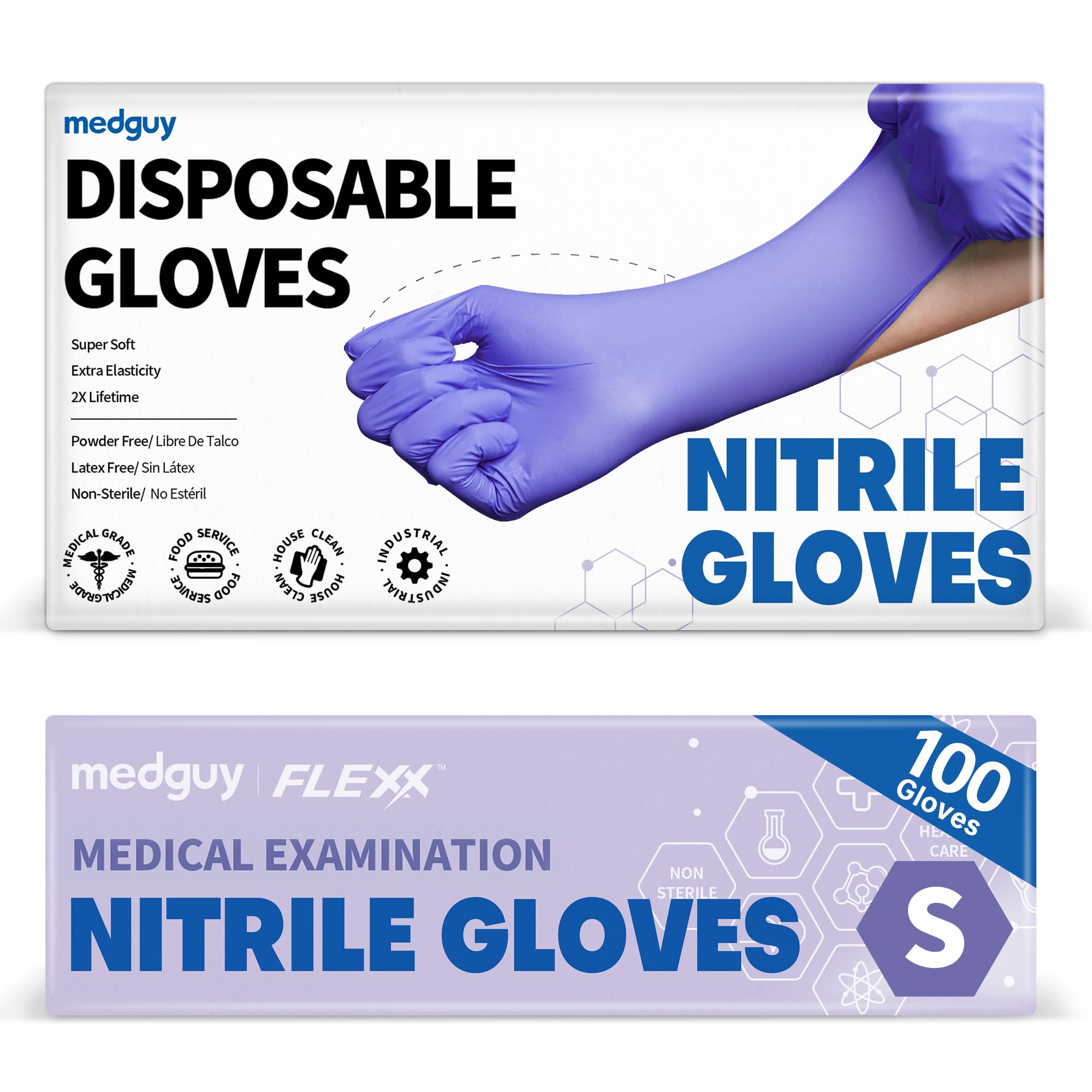 Medguy Medical Nitrile Exam Gloves, 4 Mil Powder-Free Latex-Free Disposable Food-Safe Cooking Cleaning, Blue-Violet 100 Pcs