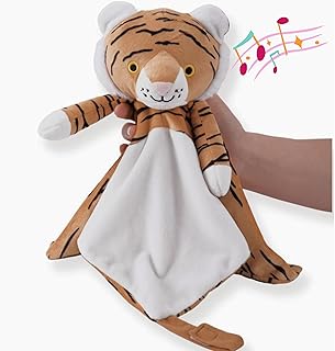 Love By Emi Baby Sleep Soother Orange Tiger Plush with Heartbeat & Lullaby Sounds, 4-in-1 Sound Machine, Security Blanket & Pacifier Holder, Baby Registry Essential for Newborns & Infants