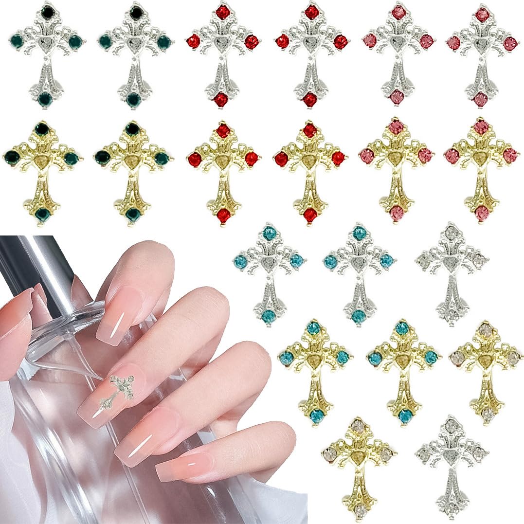 Gems Cross Nail Charms - Crystal Cross Nail Charms - 20Pcs, y2k Cross Nail Art Rhinestones, 3D Punk Nail Cross Charms for DIY Designs Supplies