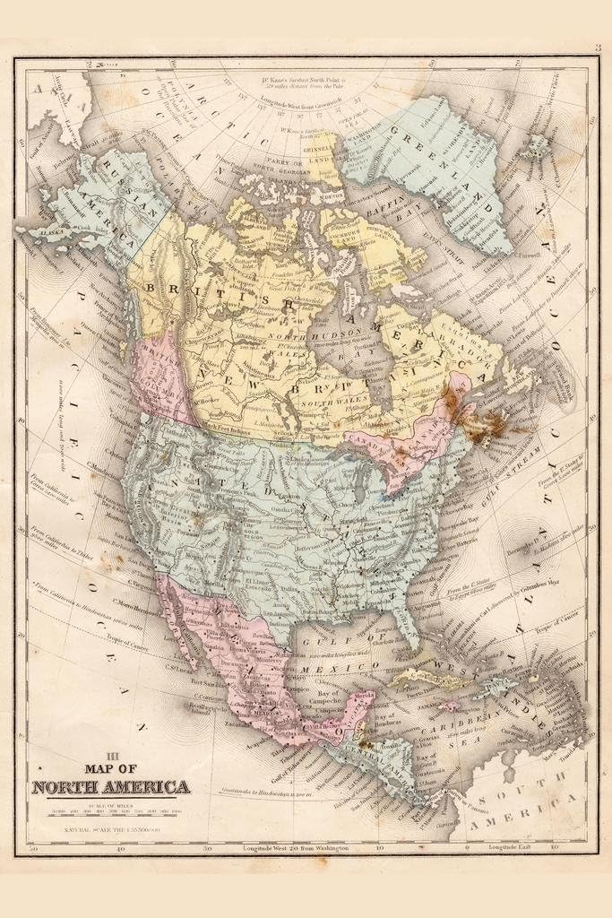 North America 1867 Vintage Antique Style Map Travel World Map with Cities in Detail Map Posters for Wall Map Art Wall Decor Geographical Illustration Destination Cool Wall Art Print Poster 24x36