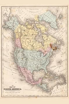 North America 1867 Vintage Antique Style Map Travel World Map with Cities in Detail Map Posters for Wall Map Art Wall Decor Geographical Illustration Destination Cool Wall Art Print Poster 24x36