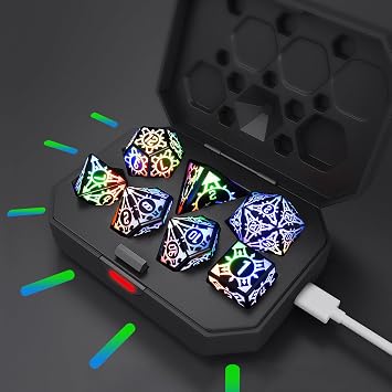 7PCS LED DND Dice Set,Rechargeable Glow in The Dark Dice with Charging Storage Box, D4 D6 D8 D10 D12 D20 Polyhedral Role Playing D&D Dice for RPG Dungeons & Dragons Table Games Gift for DND Players