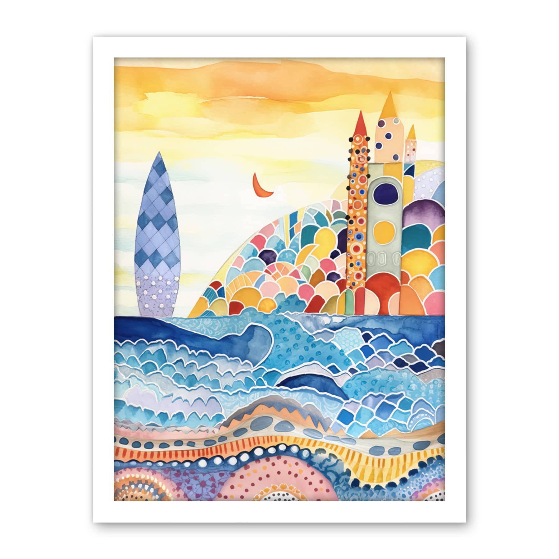 Artery8 Abstract Seascape Waves On Beach Folk Art Bathroom Artwork Framed Wall Art Print 18X24 Inch