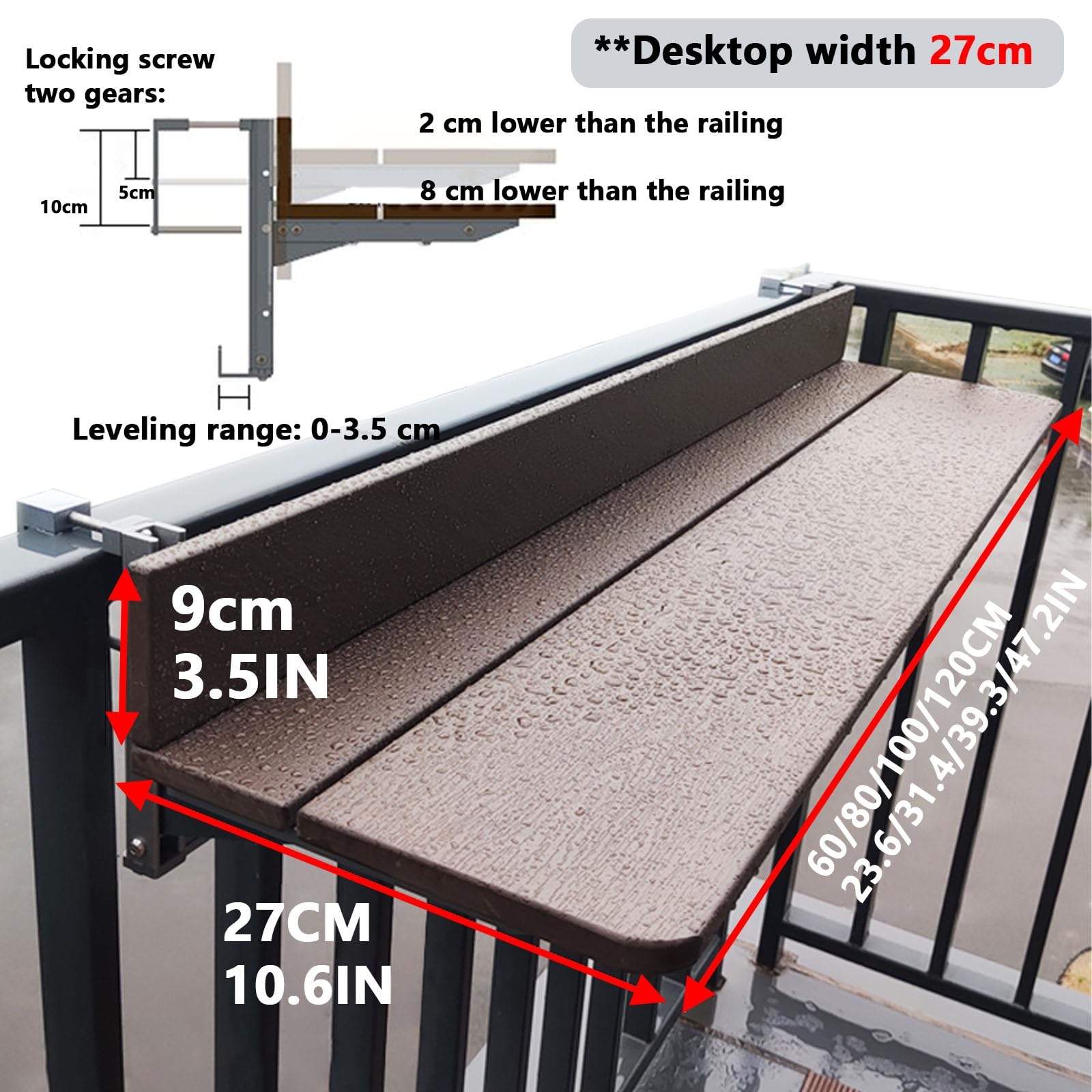 Generico Tavolo da Esterno Regolabile per ringhiera del Balcone - Tavolo da Bar Pieghevole per terrazza, Struttura in Alluminio, Design Compatto, Portata Massima 40 kg, Perfetto per Balcone e Patio (