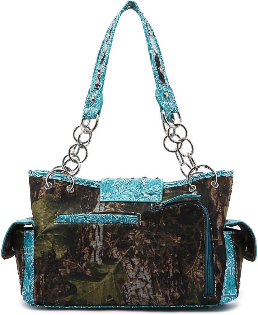 Western Style Camouflage Purse Buckle Tooled Floral Conchos Country Studs Crossbody Handbag For Women Shoulder Bag Wallet Set | Concho Buckle, Tooled, Floral, Country, Studs - Image 4