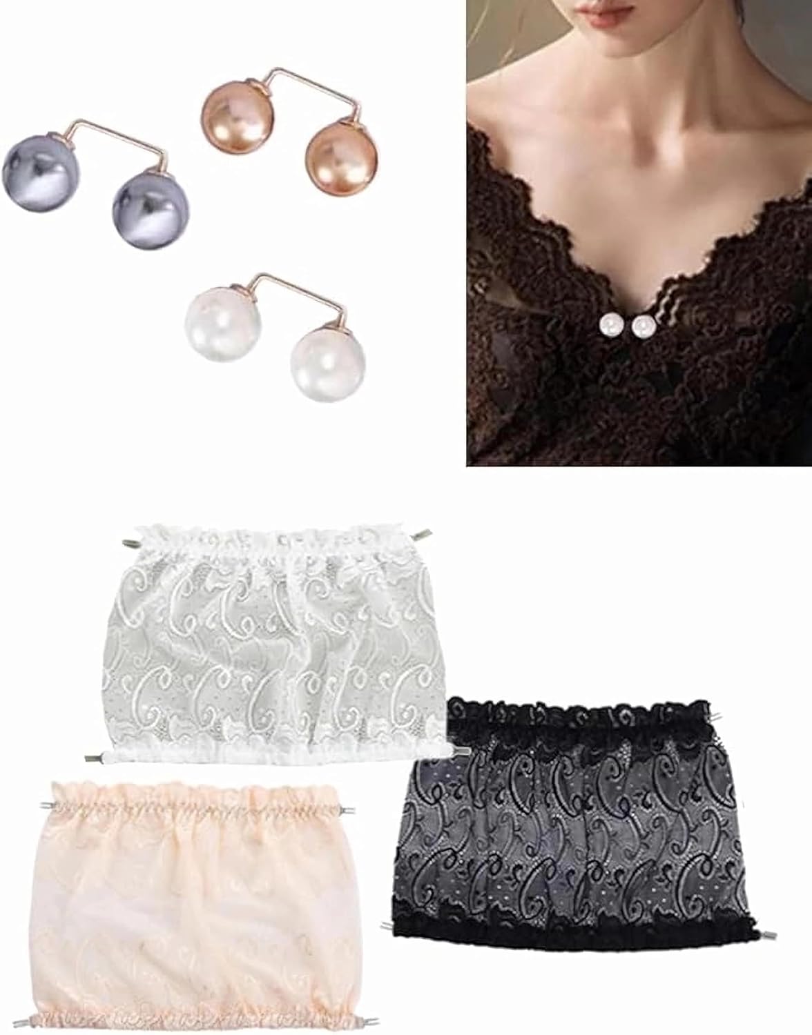 Lace Cleavage Cover-Up & Modesty Panel for Low Neckline Dresses - Versatile Inserts for Women, Chest Coverage, and Modesty Fixes - Perfect Lace Inserts & Clip-On Options for Stylish Confidence