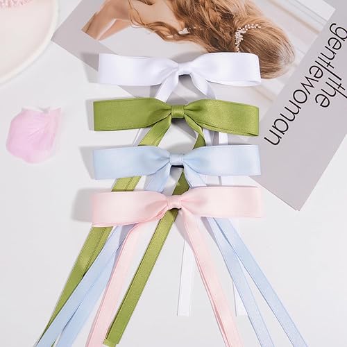 Miniatura 9 de Parcce 4 pinzas para el cabello con lazo con borla y cola larga para mujeres, niñas, adolescentes, niños, soporte sólido con lazo de moda,