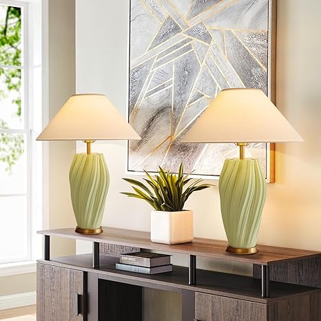 Waikmdv Modern E26 Ceramic Table Lamps 20.5", Sage Green Plug in Table Lamp Funky Decor for Living Room Desk End Bedroom Bedside Room Office photo 2