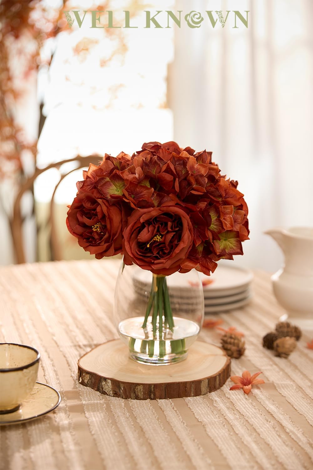 Burnt Orange Silk Peonies Artificial Flowers & Hydrangea in Glass Vase with Fake Water, Fake Austin Rose Bouquet with Vase for Fall Home Hotel Office Wedding Party Decor as Table Centerpieces & Gift - Image 4