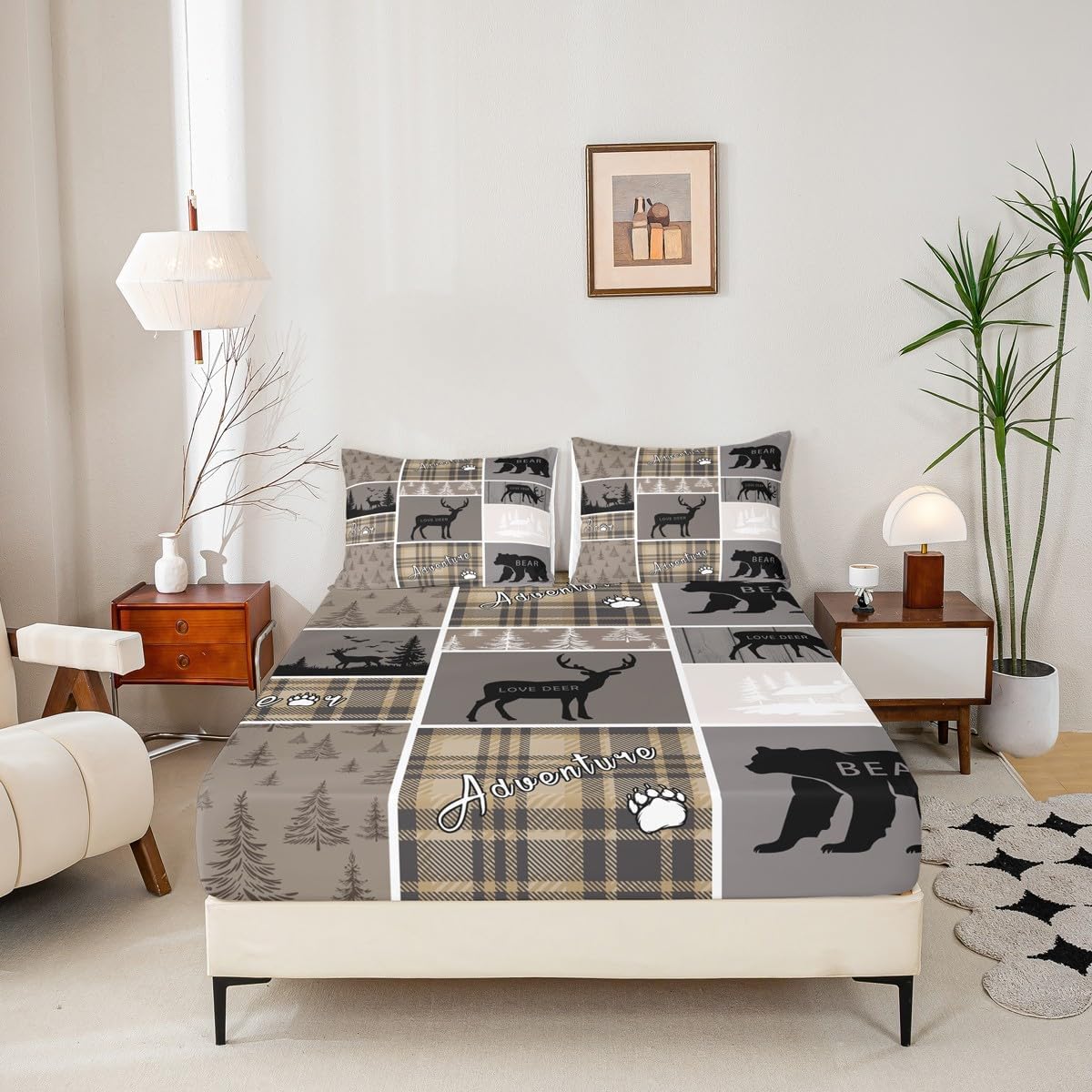 Hunting Bear Fitted Sheet for Boys, Rustic Cabin Lodge Bedding Set Full Size, Vintage Farmhouse Patchwork Bed Sheets Woodland Animal Adventure Camping Bed Cover 3Pcs with 2 Pillow Cases, Brown