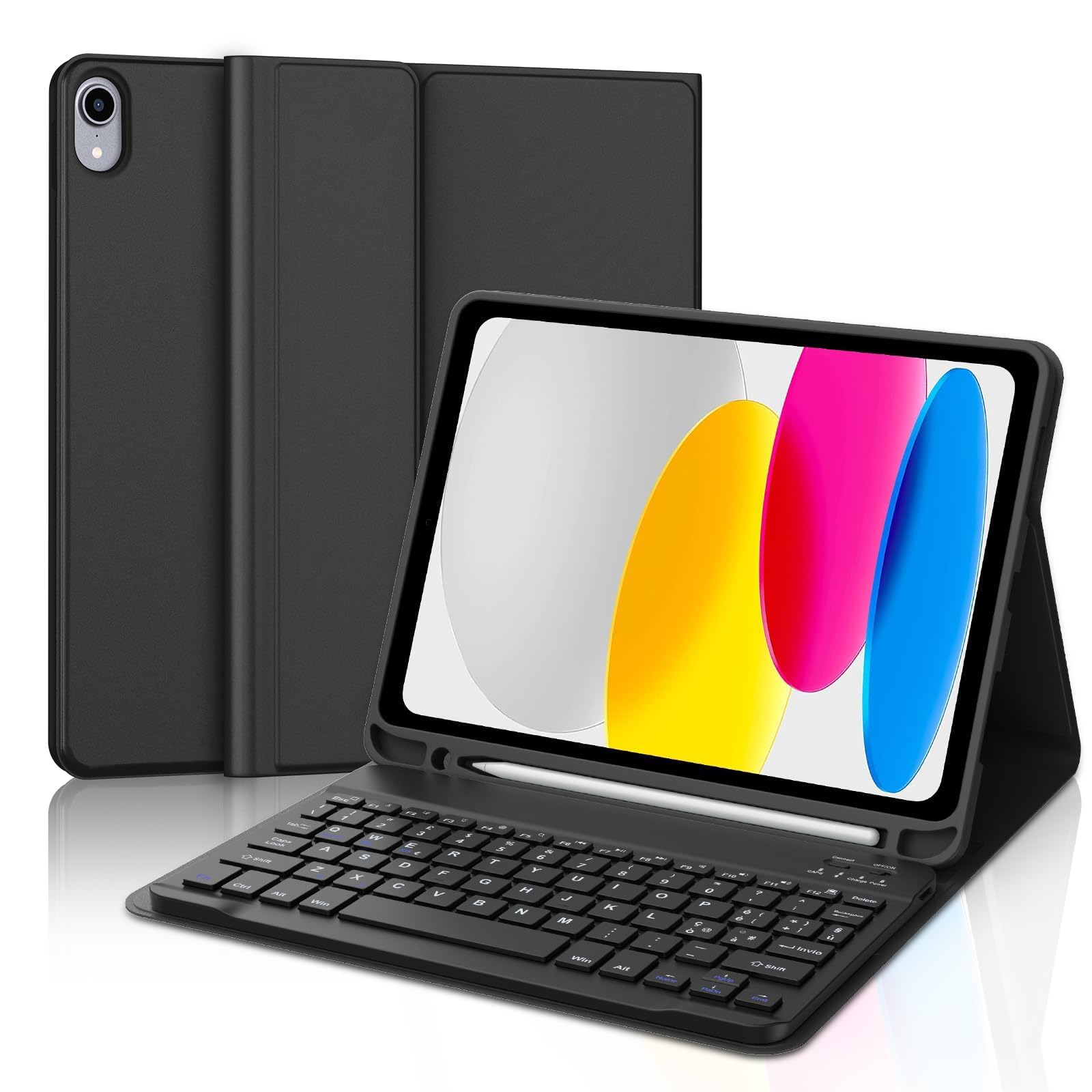 Cover con Tastiera per iPad 11 Gen 2025/10 Gen 2022, Italiano QWERTY, Senza Fili Staccabile Custodia con Portapenna, Nero