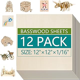 12 Pack Basswood Sheets 1/16×12×12 Inch, Balsa Wood Sheets, Unfinished Wood for Crafts, Laser Engraving Blanks, Wood Boards for Crafts, Plywood Board DIY Ornaments and Models Drawing Painting