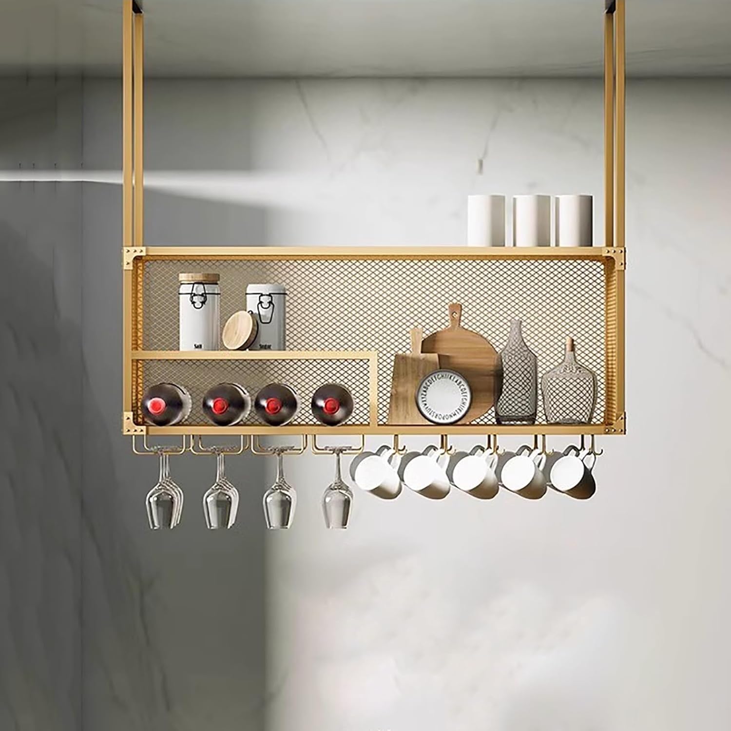 Vintage Industrial Hanging Wine Bottle Holder with Stemware Rack Ceiling Mounted Storage Shelf for Bars and Kitchens Big Capacity nization Black and Gold Finish 60cm/23.6in.