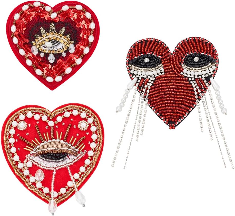 INFUNLY 3pcs Evil Eyes Beaded Patches Rhinestone Applique Patches Sequin Applique Sew on Crystal Heart Patch Red Heart Embroidery Patch for Clothing Jeans Jackets Handbag Shoes DIY Decor