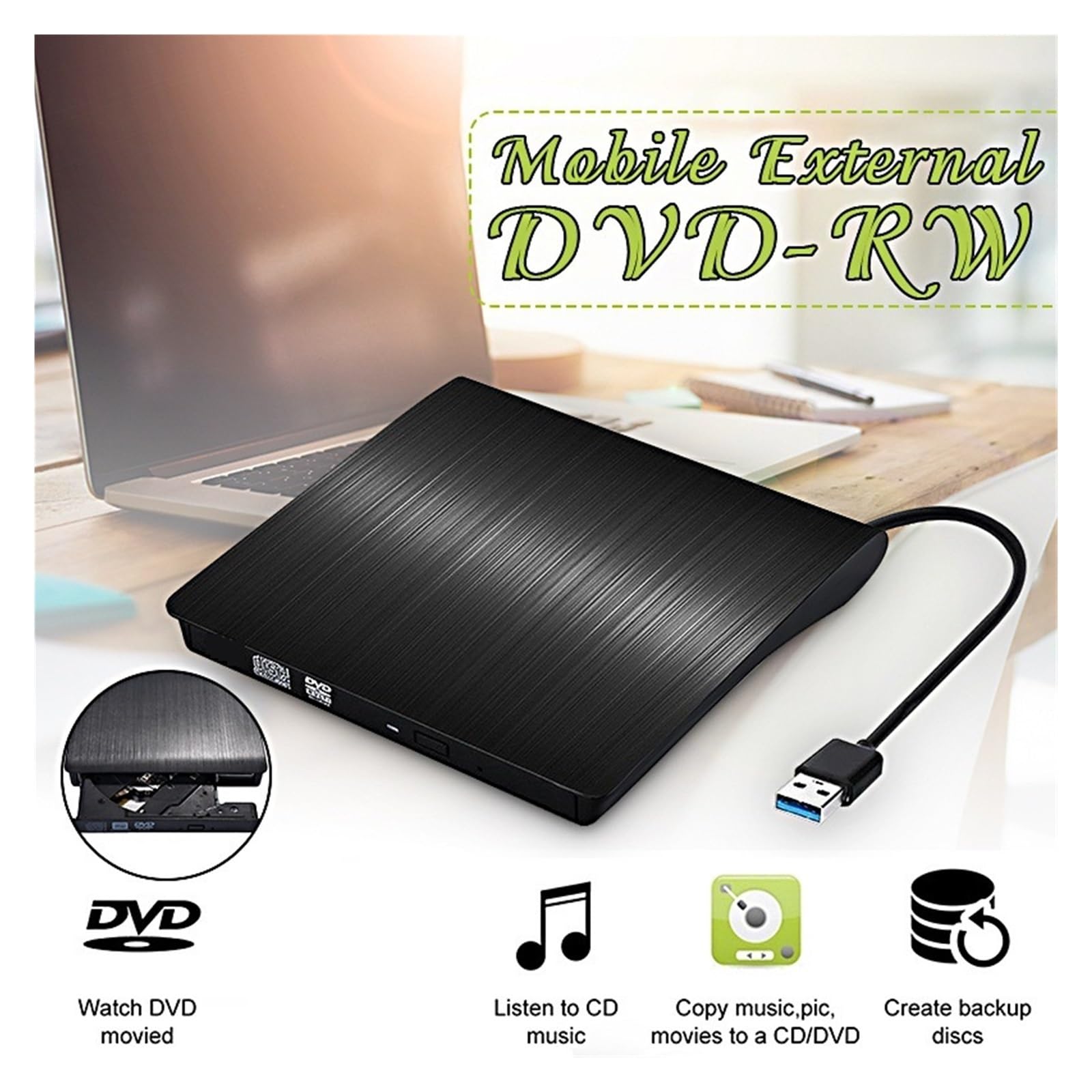Lettore Dvd Lettore Dvd Esterno Registratore di Trasferimento Dati Ad Alta velocità Lettore di Masterizzazione di unità di Scrittura Sottile USB 3.0 for PC Laptop Desktop iMac(Black)