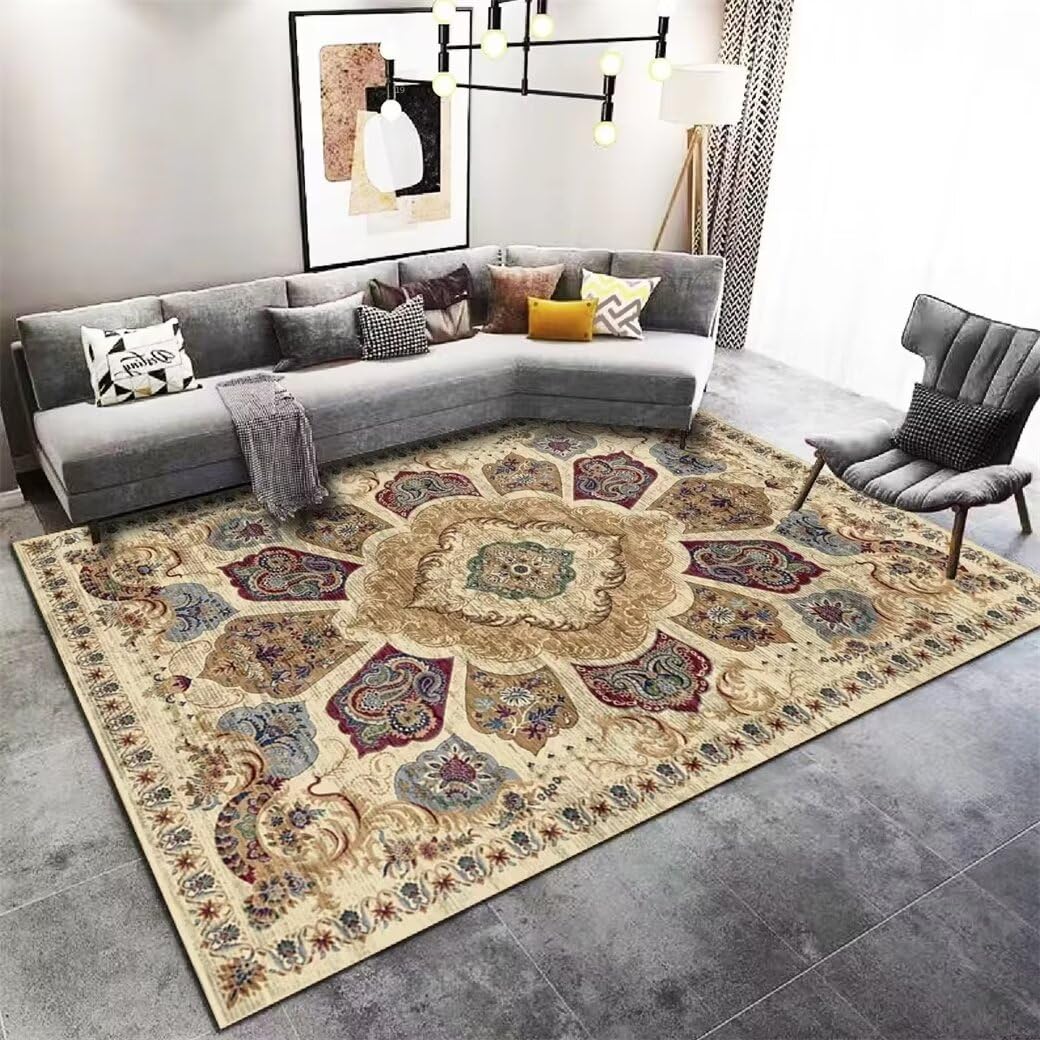 Tapis jaune de style rétro avec motif floral pour grand salon et chambre