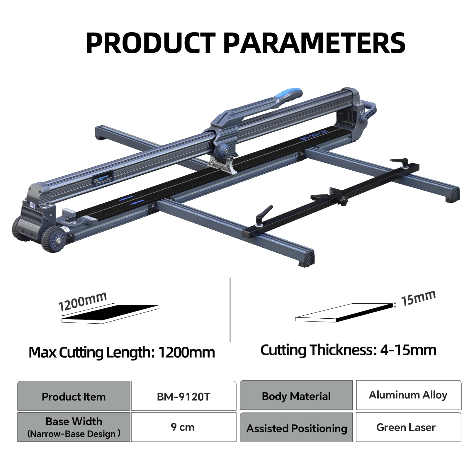 Ręczny Nóż do Płytek 120 cm - Laserowe Wyrównanie, Wzmocniona Rama ze Stopu & Sterowanie Magnetyczne - Cięcie Płytek/Kamienia do 15 mm, Wąska Podstawa z Chowanymi Kółkami