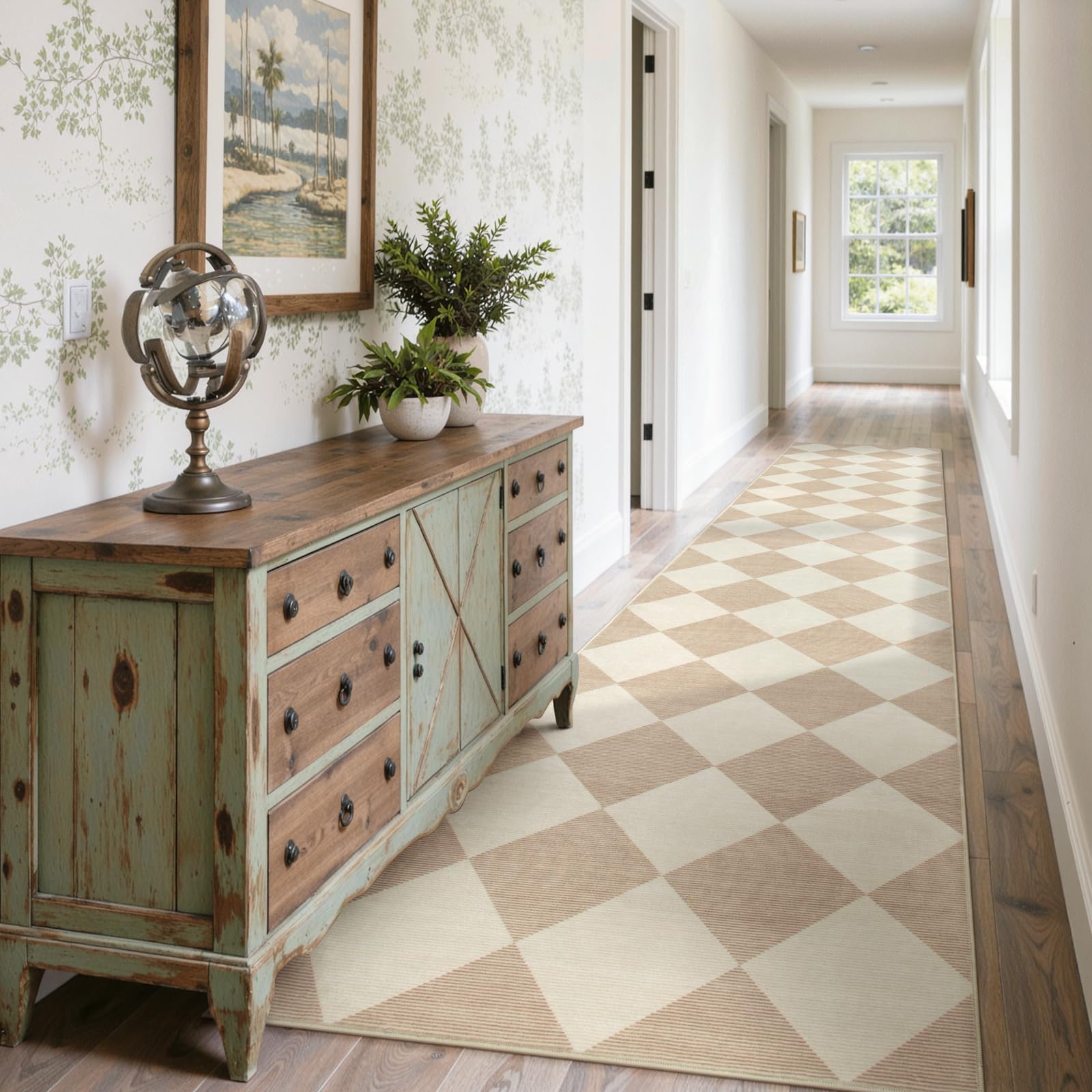 Photo 1 of [Stained] Beeiva Checkered Print Carpet Runners for Hallway 12ft, Beige Neutral Washable Long Hallway Runner Rug 2.5x12, Moroccan Gingham Diamond Carpet Ultra Thin Faux Wool Rug for Kitchen Decor