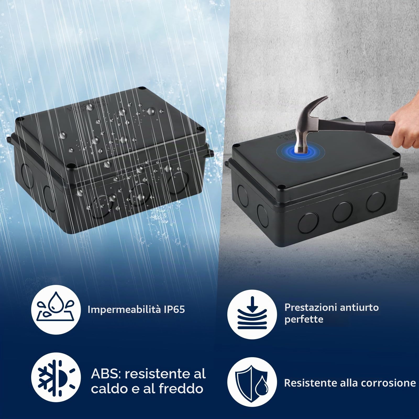 Scatola di Derivazione Impermeabile IP65-150x110x70 mm, con 10 pressacavi M20 con guarnizione, inclusa sega a tazza da 20 mm, adatta per cavi Ø6–12 mm（nero）