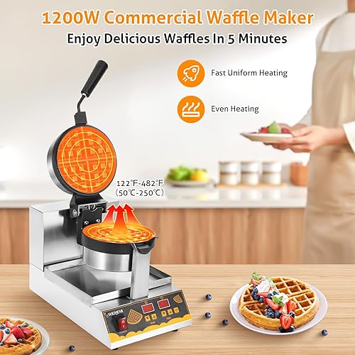 Miniatura 16 de WICHEMI Máquina de gofres comercial 360 Flip antiadherente giratorio Waffle Iron Control de tiempo Temperatura ajustable Cuerpo de acero inoxidable