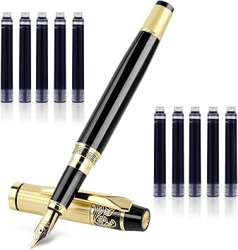 Andibro Metal Fountain Pens, With 10 Black Ink 2.6mm Cartridges, 0.5mm Luxury Fine Point Fountain Pen Business Pen Smooth Writing Stainless Steel Pen Calligraphy Pen for Office School SuppliesBlue