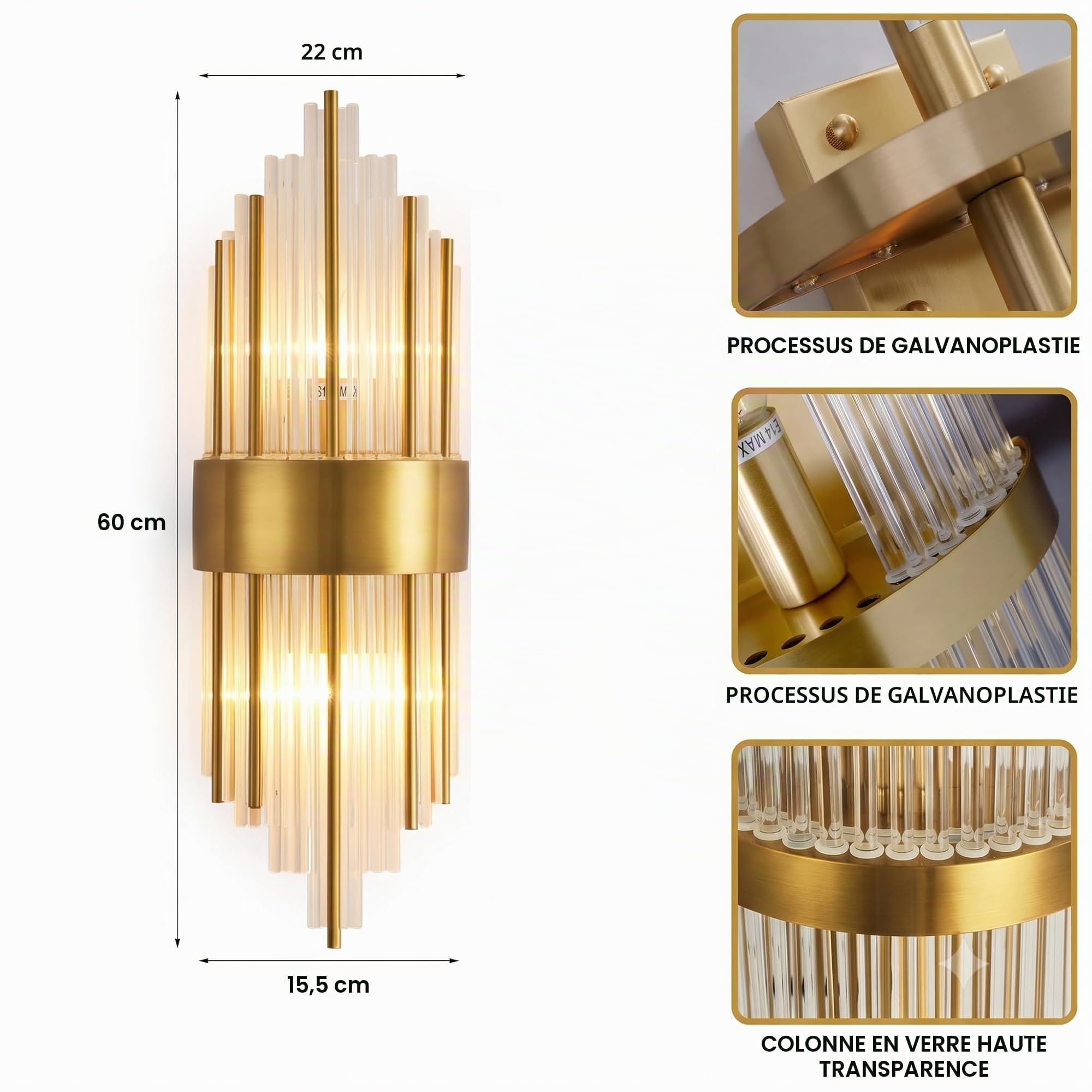Grande Applique Murale Cristal Doré 60cm, Luminaire Luxe LED
