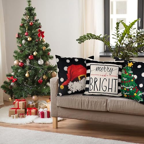 Miniatura 4 de 4 fundas de almohada de Navidad de 18 x 18 pulgadas, diseño de Hello Winter Merry Bright, diseño de sombrero de árbol de Navidad, decoración de