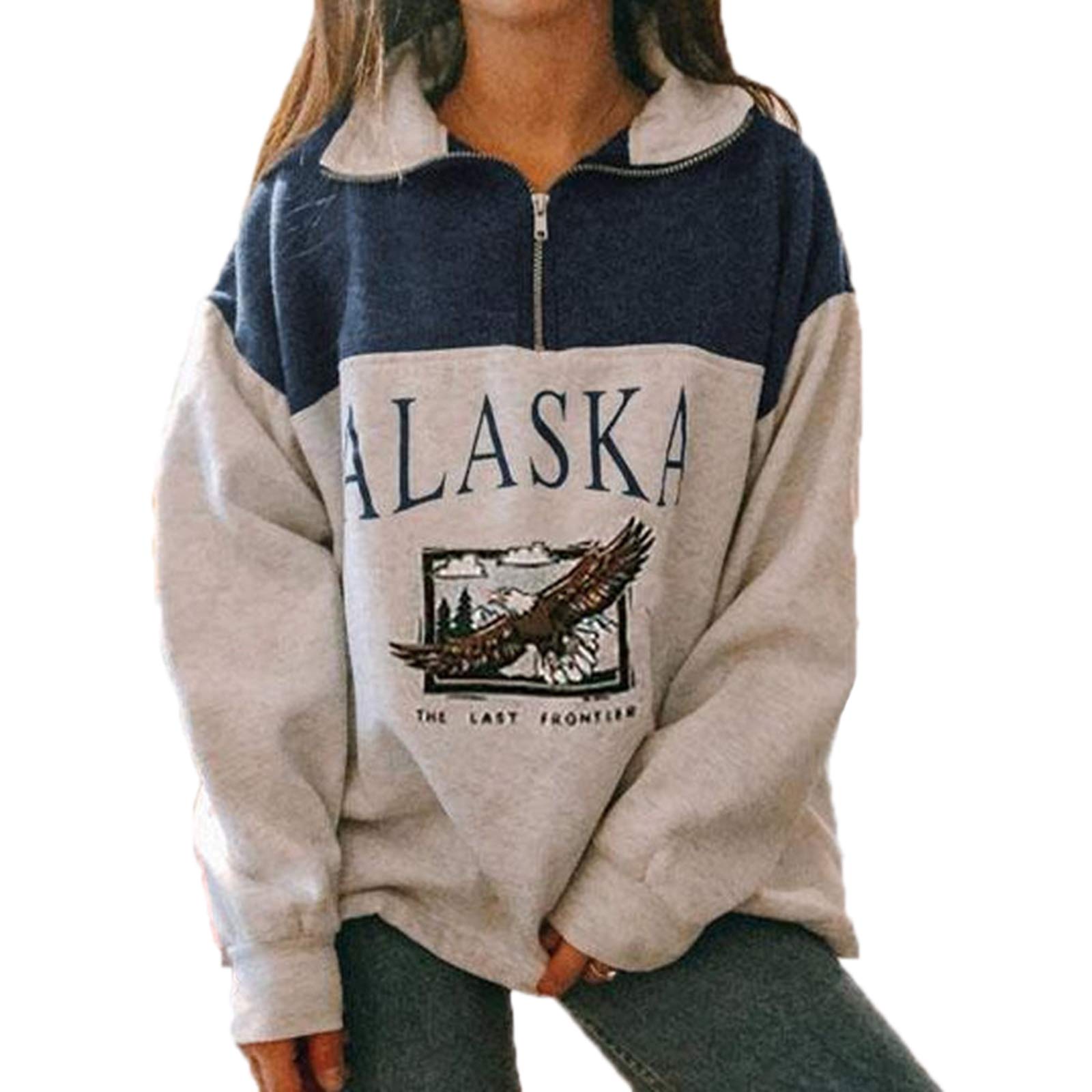 Keepmore Women's Blue Alaska Letter Print Graphic Long Sleeve Pullover Sweatshirts Hip Hop High Collar Zipper Top
