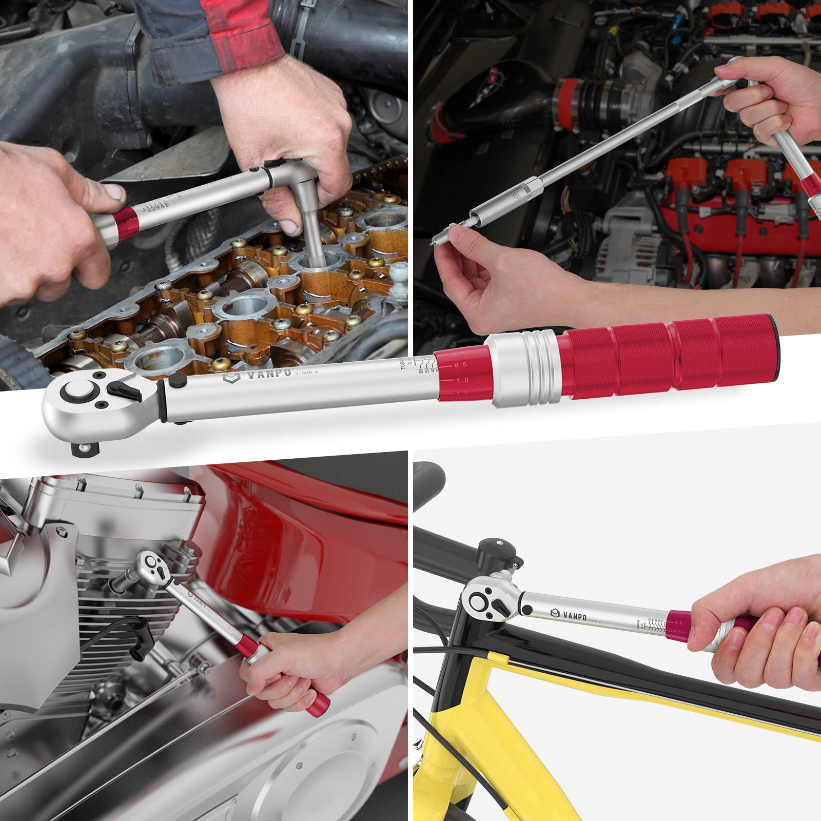 VANPO Clé Dynamométrique 3/8'', Clé de Torsion 5-60Nm, Précision ±3%, 9 Pièces Kit D'entretien pour Vélo y Moto avec Extension de 25cm, Cardan universel, Douilles à Bougie Magnétique, Torx