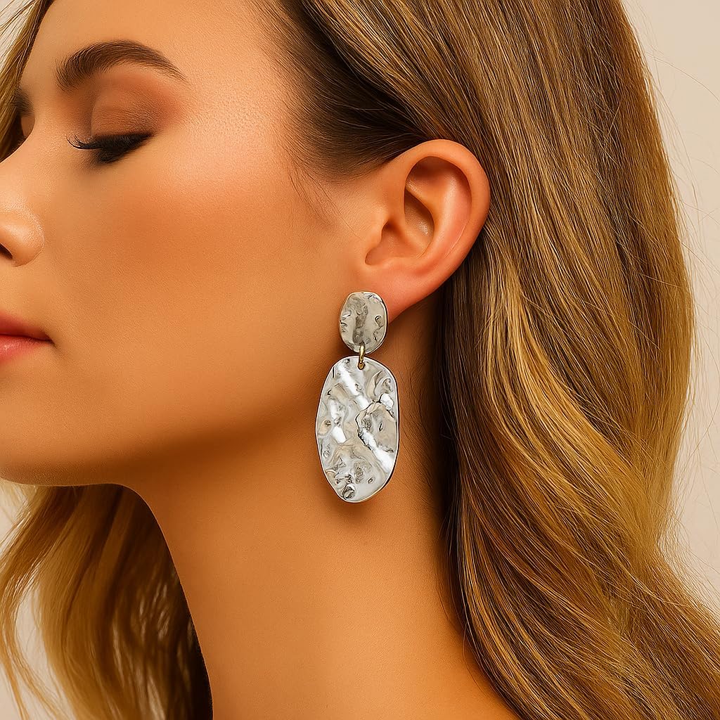 Chunky Irregular Geometry Clip On Earrings for Women, Matte Gold/Silver Retro Oval Dangle Drop Clip Earrings Non Pierced Clips Stetement Jewelry Gifts - Image 3