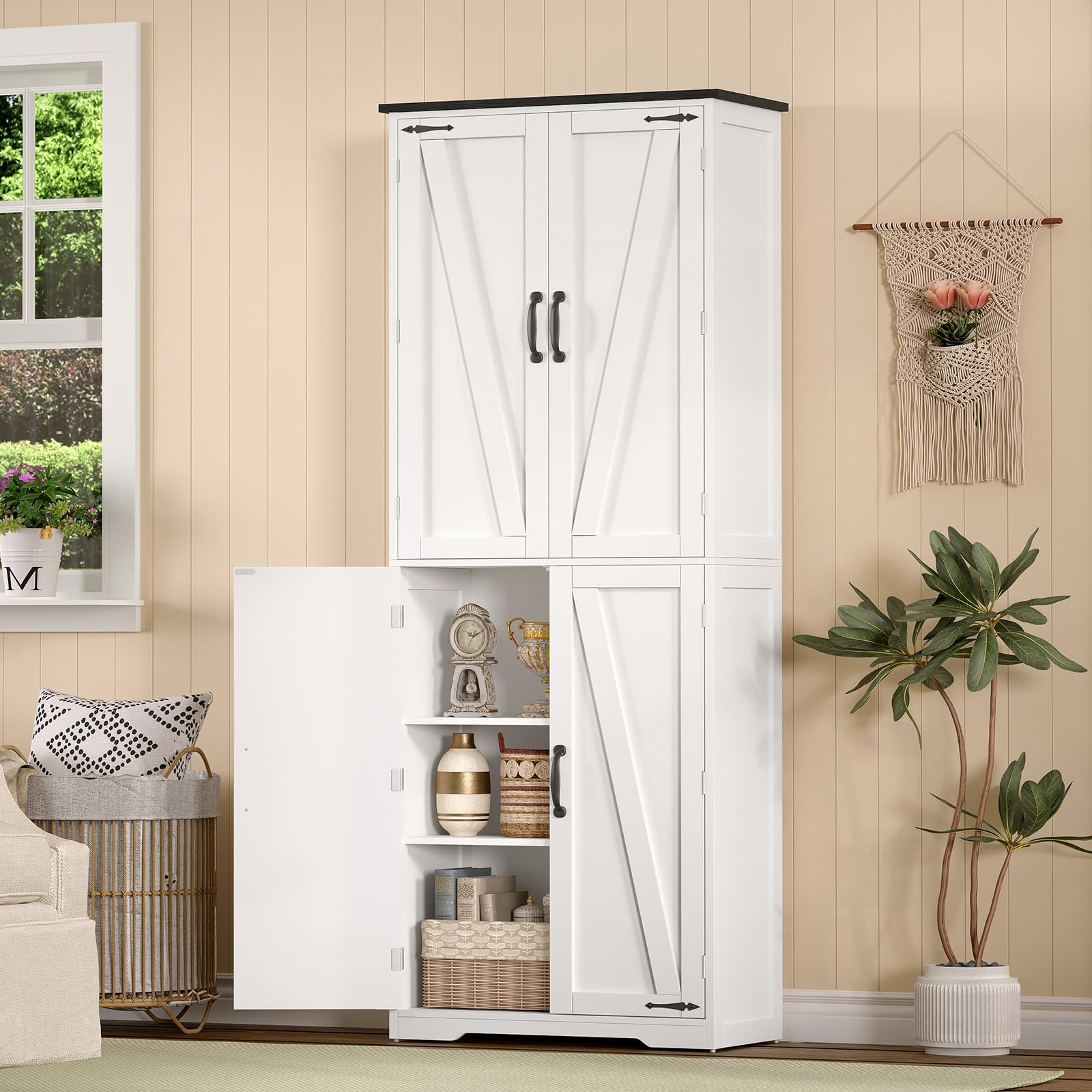 TEENFON 170 cm Küchenschrank 4 Scheunentüren, Mehrzweckschrank Hoch mit 2 Feste Regale & 2 Verstellbare Regale, Vorratsschrank für Küche, Esszimmer, Wohnzimmer, Badezimmer - 60x30x170 cm - Weiß