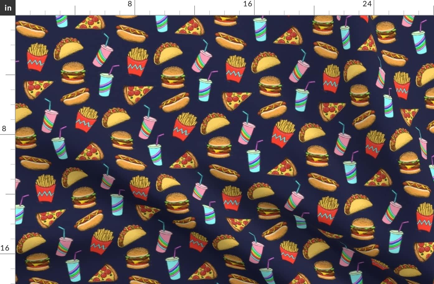 Spoonflower Fabric - Painted Food Navy Blue Hot Dogs Pizza Taco Fries Soda Fat Printed on Organic Cotton Sateen Fabric by The Yard - Sewing Quilting Apparel Home Decor