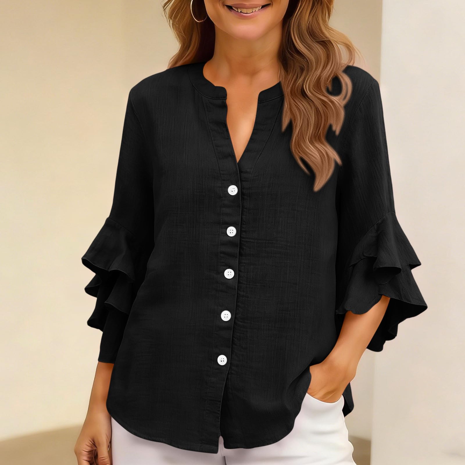 AACH 2026 Longshirt Damen Elegant Bluse 3/4 Ärmel Button-Down Leinenbluse V-Ausschnitt Sommer Oberteile Baumwolle Leinen Blusenshirt Modische Business Tunika Tops Einfarbig Lässig Tshirt
